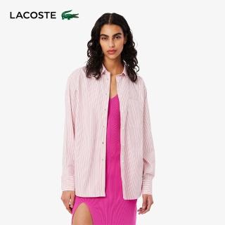 【LACOSTE】女裝-寬鬆棉質府綢長袖襯衫(白粉條紋)