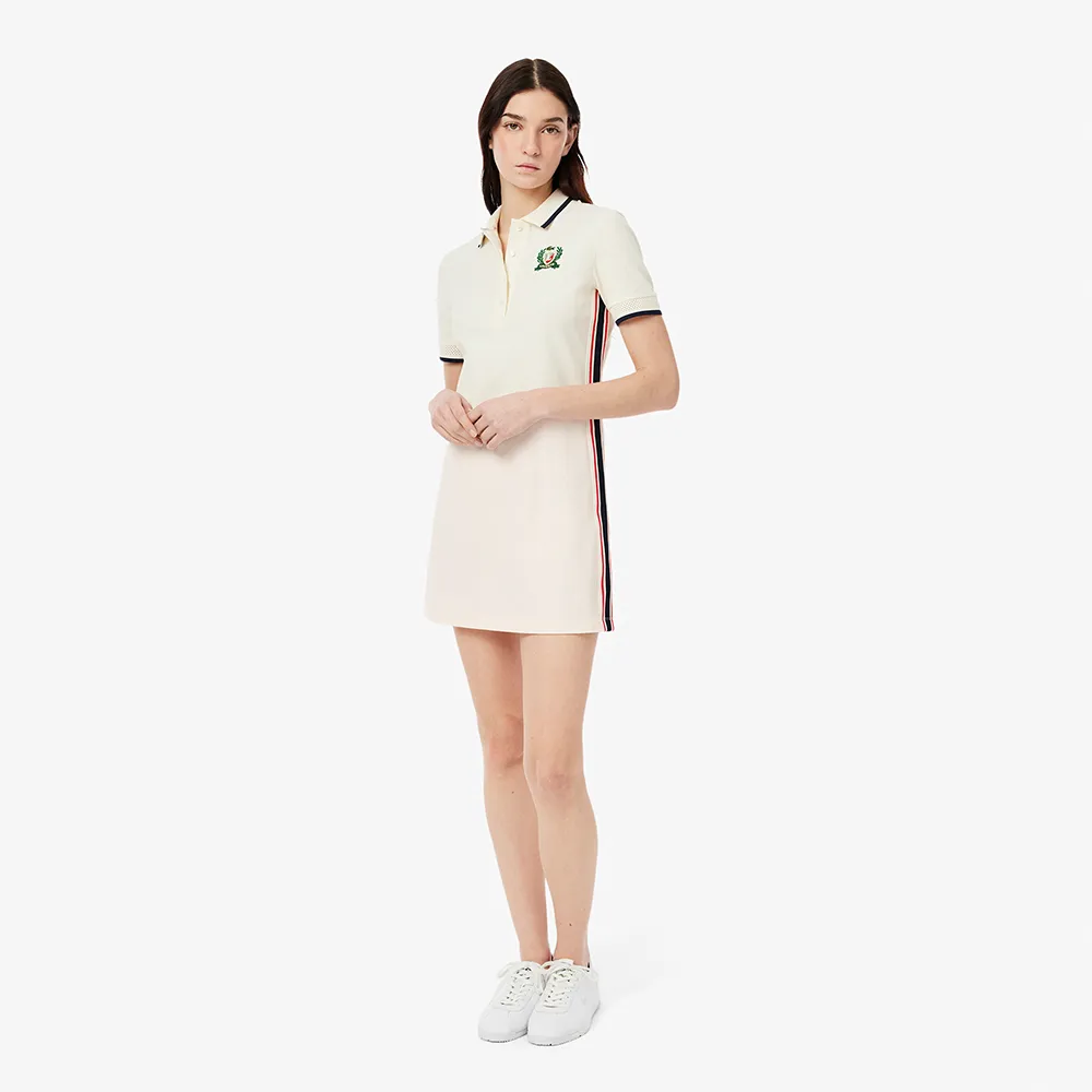 【LACOSTE】女裝-法國製撞色修身Polo洋裝(米色)
