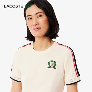 【LACOSTE】女裝-法國製紋理網眼布短袖T恤(米色)