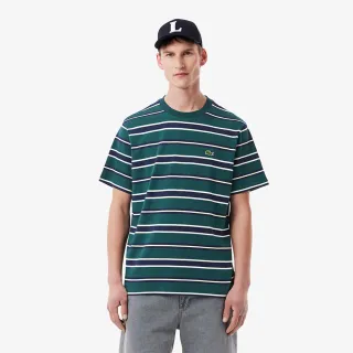 【LACOSTE】男裝-寬細條紋短袖T恤(白色/綠色)