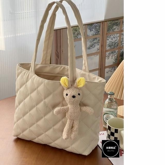【米蘭精品】現貨+預購 手提包帆布肩背包(小眾菱形格夾棉女包包3色74jn36)