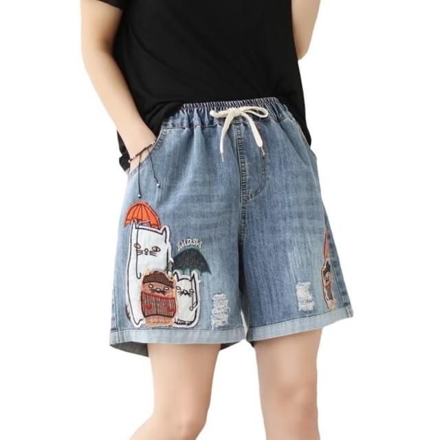 【巴黎精品】現貨+預購 牛仔褲丹寧短褲(撐傘貓咪拼布刺繡女褲子a1ei28)