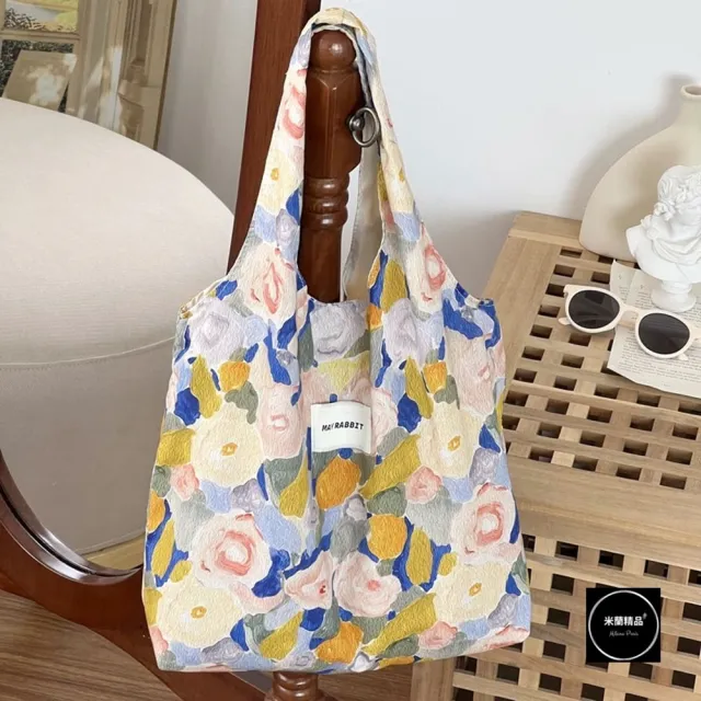 【米蘭精品】現貨+預購 手提包帆布肩背包托特包側背包單肩包隨身女包(ins油畫花朵3色74jn56)