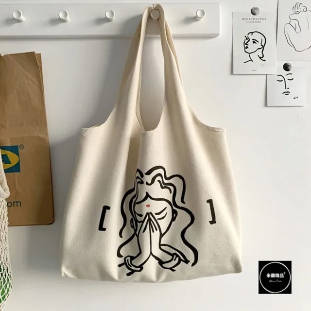 【米蘭精品】現貨+預購 手提包帆布肩背包托特包側背包單肩包隨身女包(復古插畫背心4色74jn58)