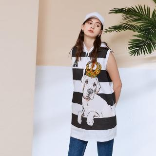 【ICHE 衣哲】黑白條紋大狗印花2way造型洋裝上衣(兩穿)