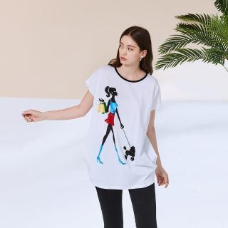 【ICHE 衣哲】時尚女伶印花側抓皺顯瘦微寬造型長版上衣