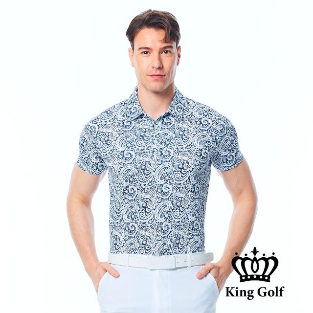 【KING GOLF】網路限定款-男款變形蟲滿版印圖立體LOGO燙標短袖POLO衫/高爾夫球衫(丈青)