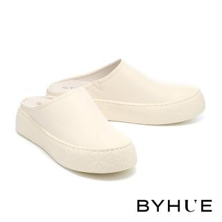 【BYHUE】百搭隨興純色牛皮軟芯厚底休閒穆勒拖鞋(白)