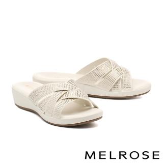 【MELROSE】美樂斯 華麗高雅燙鑽交叉編織寬帶楔型高跟拖鞋(米白)