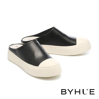 【BYHUE】百搭隨興純色牛皮軟芯厚底休閒穆勒拖鞋(黑)