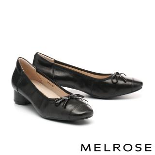 【MELROSE】美樂斯 雲朵後跟 內斂氣質純色蝴蝶結羊皮方頭低跟鞋(黑)