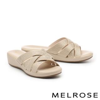 【MELROSE】美樂斯 華麗高雅燙鑽交叉編織寬帶楔型高跟拖鞋(杏)