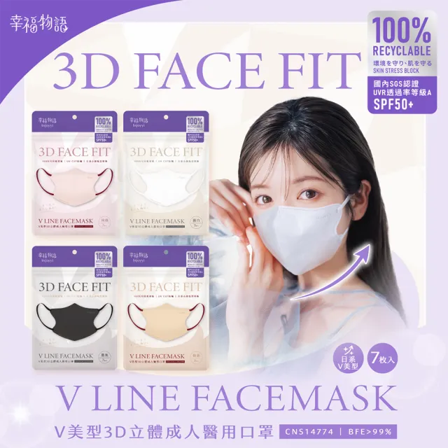 【明基健康生活】幸福物語 V美型3D立體醫療口罩7片x4包組(日本版型+微寬耳繩 100%可回收材質)