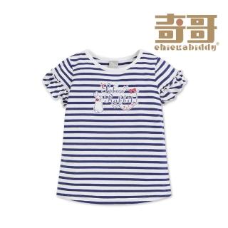 【奇哥】比得兔 女童裝 夏日比得藍白條紋短袖上衣/T恤(6-8歲)