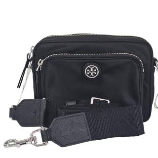 【TORY BURCH】TB 圓標LOGO尼龍相機包斜揹包(黑色/贈原廠防塵袋紙袋 母親節送禮)
