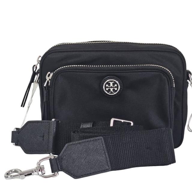 【TORY BURCH】TB 圓標LOGO尼龍相機包斜背包(黑色/贈原廠防塵袋紙袋 母親節送禮)