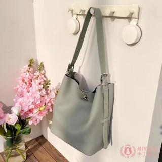 【MIYUNA 米友娜】真皮頭層牛皮柔軟質感水桶包肩揹包(亞麻藍)