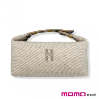 【Hermes 愛馬仕】小款 帆布 手提包/收納袋/化妝包(米色 x 多彩手把)