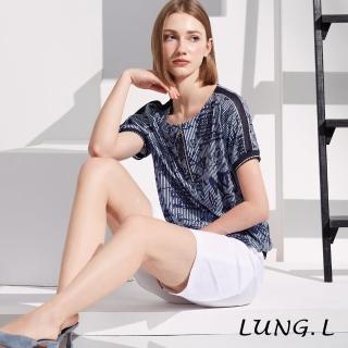 【LUNG.L 林佳樺】LS31A 藍色條紋塗鴉拼接網布短袖女裝上衣(春夏新品 加大尺碼)
