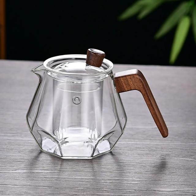 【Jun Jun】高硼矽玻璃茶壺(玻璃茶漏實木握把 泡茶壺)