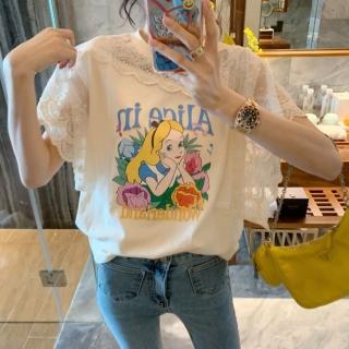 【BBHONEY】韓國東大門 女孩卡通印花精緻蕾絲花邊短袖上衣(S-XL)