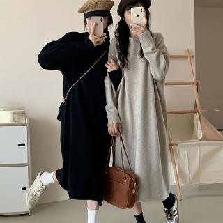 【D.studio】韓版氣質圓領寬鬆休閒長袖針織洋裝(套裝長裙針織上衣毛衣長袖上衣衣服保暖上衣冬天女裝 S350)
