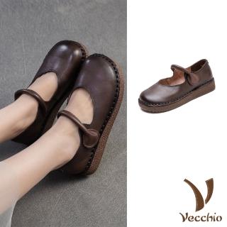 【Vecchio】真皮娃娃鞋 厚底娃娃鞋/全真皮頭層牛皮小圓頭一字包根魔鬼粘厚底娃娃鞋(棕)