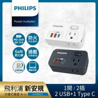 【Philips 飛利浦】一開二 35W 2A+1C PD+QC3.0多功能壁插轉接器 CHP8023-2色可選(附加USB充電座)