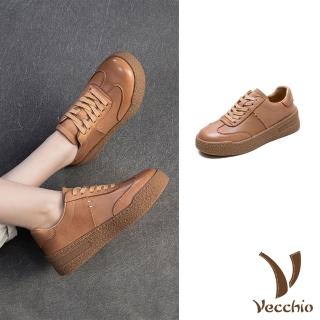 【Vecchio】真皮休閒鞋 厚底休閒鞋/真皮頭層牛皮典雅皮面拼接小坡跟厚底休閒鞋(棕)