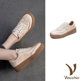 【Vecchio】真皮休閒鞋 厚底休閒鞋/真皮頭層牛皮典雅皮面拼接小坡跟厚底休閒鞋(米)