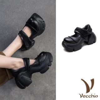 【Vecchio】真皮娃娃鞋 厚底娃娃鞋/全真皮頭層牛皮復古鬆糕厚底翻折一字帶個性娃娃鞋(黑)