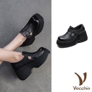 【Vecchio】真皮休閒鞋 厚底休閒鞋/真皮頭層牛皮經典皮帶釦飾鬆糕厚底通勤休閒鞋(黑)