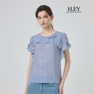 【ILEY 伊蕾】細格紋蝴蝶結上衣(藍；M-2L；1251211001)