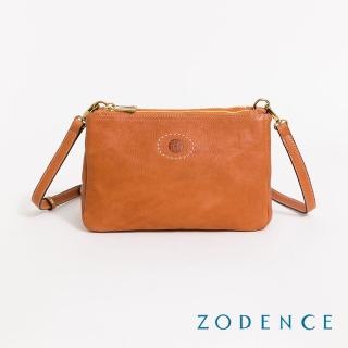 【ZODENCE 佐登司】HAN義大利植鞣革雙拉鍊三層斜揹包(經典駝)