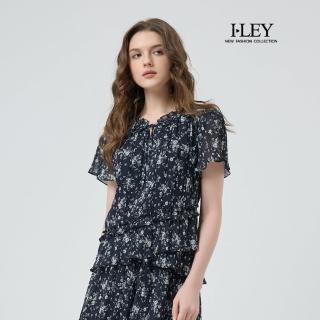 【ILEY 伊蕾】滿版小碎花清新短袖雪紡上衣(深藍；M-XL；1252071405)