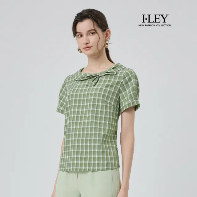 【ILEY 伊蕾】立體造型翻領格紋上衣(綠;M-XL;1252071011)