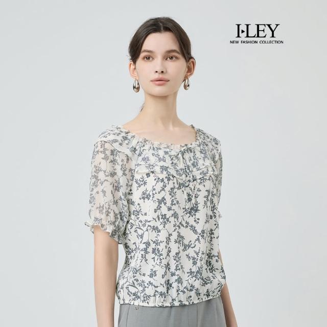 【ILEY 伊蕾】荷葉邊寬領綁帶印花雪紡上衣(灰；M-2L；1252071409)