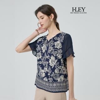 【ILEY 伊蕾】拼接雪紡縲縈印花上衣(深藍；M-2L；1252071410)