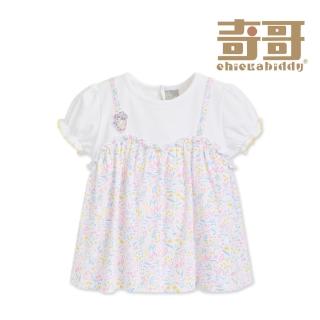 【奇哥】比得兔 女童裝 輕快比得繽紛花朵假兩件短袖上衣-吸濕排汗+抗UV(6-8歲 防曬)