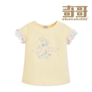 【奇哥】比得兔 女童裝 輕快比得蕾絲滾邊領短袖上衣/T恤-吸濕排汗+抗UV(2-4歲 防曬)