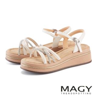 【MAGY】羊皮細帶鑽條踝帶楔型厚底涼鞋(米色)