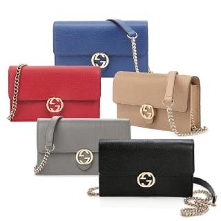 【GUCCI 古馳】615523 / 510314 經典雙G金屬LOGO荔枝紋牛皮鏈帶WOC手拿肩背斜揹包(多款可選)