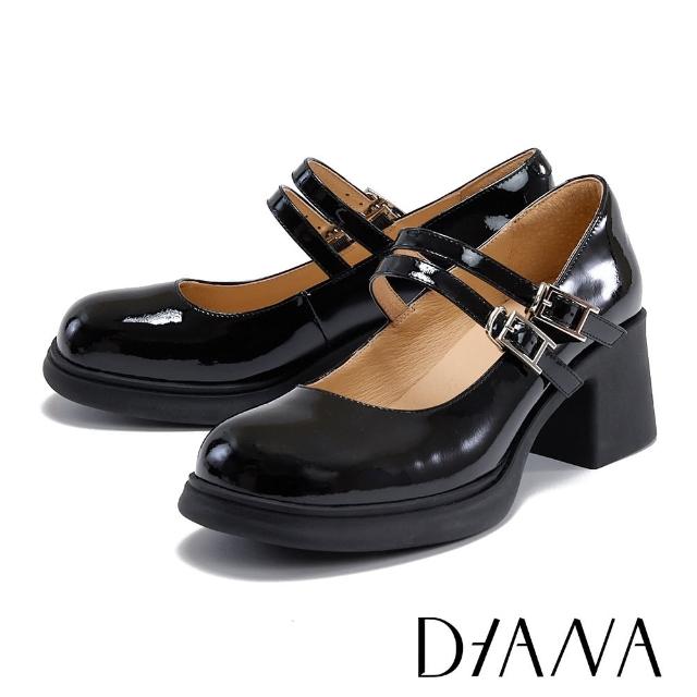 【DIANA】雙繫帶牛漆皮瑪莉珍粗高跟鞋(黑色)