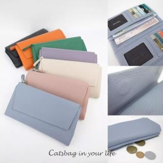【Catsbag】柔軟皮革馬卡龍掀蓋長夾 隱形磁扣 多卡位錢包 女用皮夾 119742