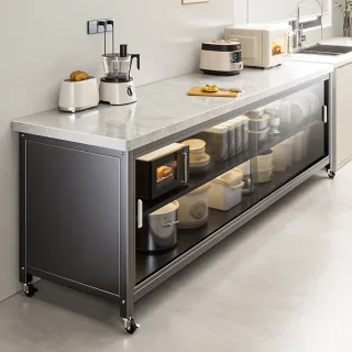 【靚白家居】岩板三層推拉門餐廚櫃 125公分 S517(餐櫃 電器櫃 餐邊櫃 中島 廚房置物櫃 收納櫃)