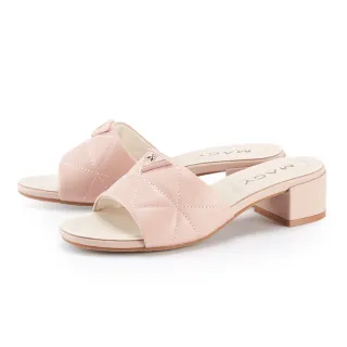 【MAGY】羊皮澎澎幾何車線粗低跟拖鞋(粉紅)