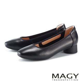 【MAGY】親膚牛皮方頭素面粗圓低跟鞋(黑色)