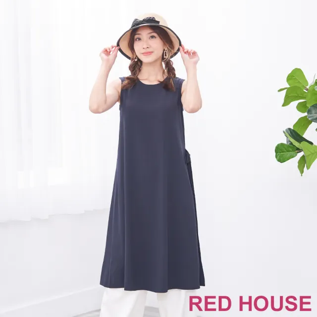 【RED HOUSE 蕾赫斯】簡約時髦開衩無袖洋裝(深藍色)