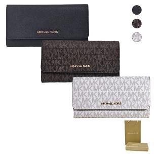 【Michael Kors】MK J金字Logo滿版三折壓扣式多卡長夾(香草白/深咖啡/防刮黑贈原廠紙袋紙盒38 婦女節送禮)