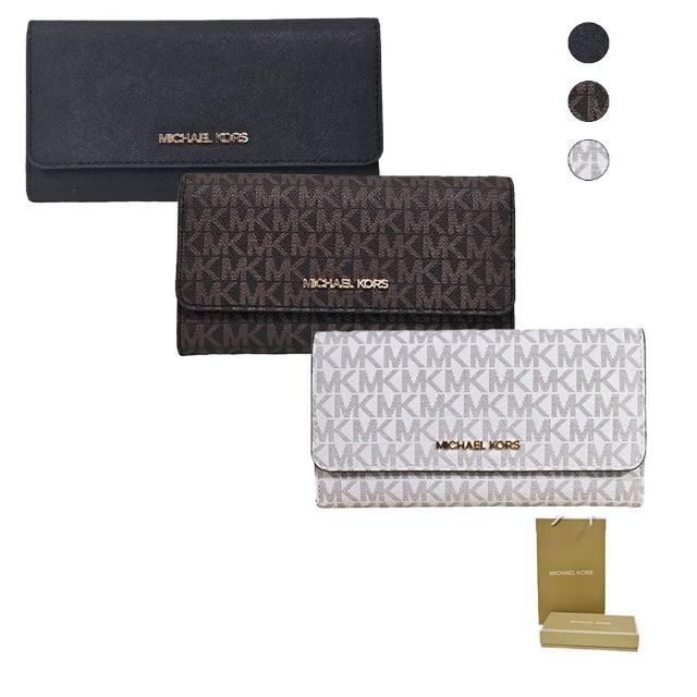 【Michael Kors】MK  J金字Logo滿版三折壓扣式多卡長夾(香草白/深咖啡/防刮黑贈原廠紙袋紙盒38 婦女節送禮)
